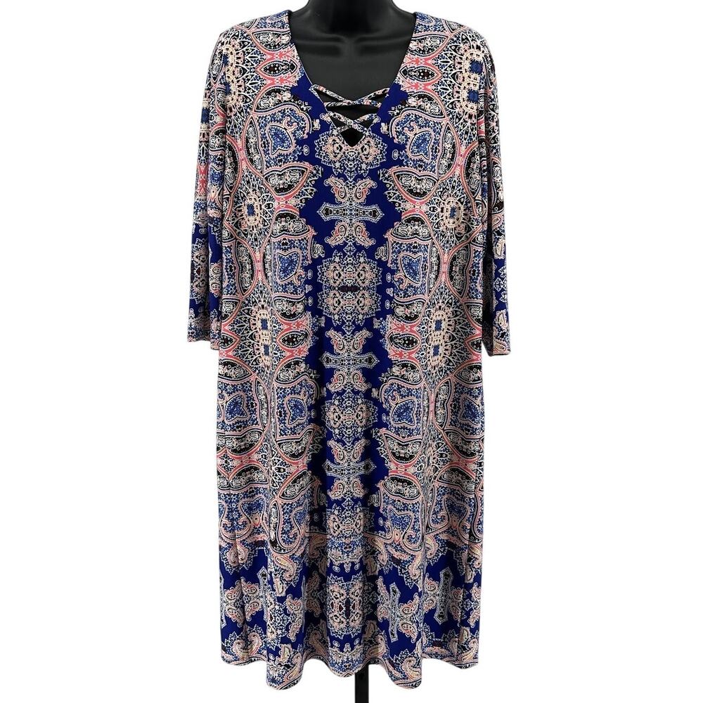 WISP Shift Dress Womens 12 Blue Tribal Print 3/4 Sleeves Lined Pullover Stretch